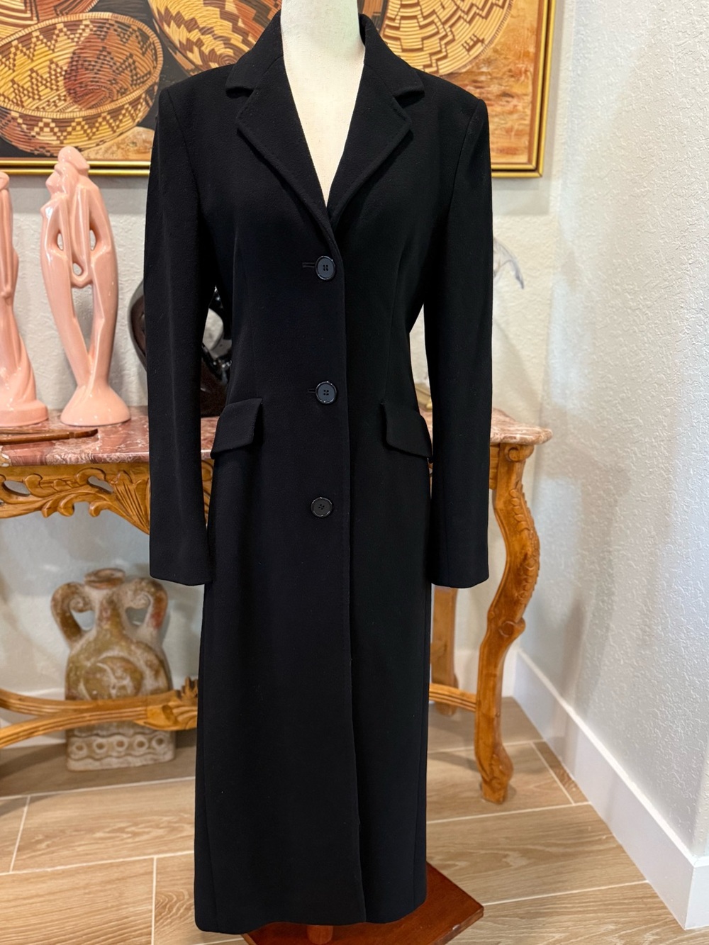 Vintage Jones New York Black Wool & Cashmere Long Trench Coat